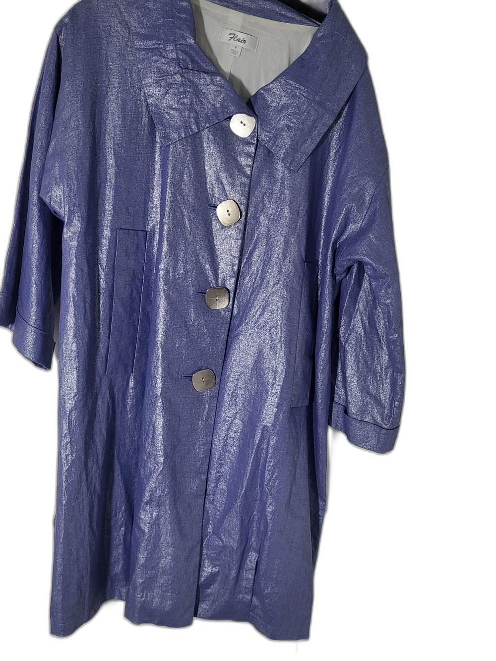 Flair Shiny Periwinkle Blue Linen Blend Button-Front Coat - Med